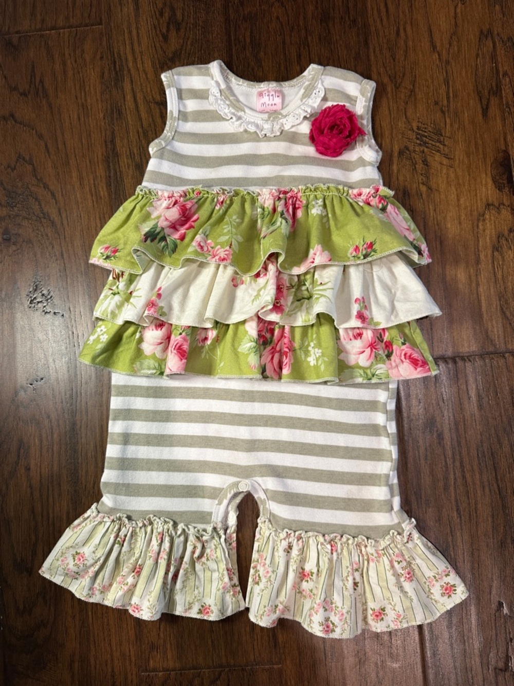 Giggle Moon Floral Ruffle Romper with Tan Stripes & Pink Flowers